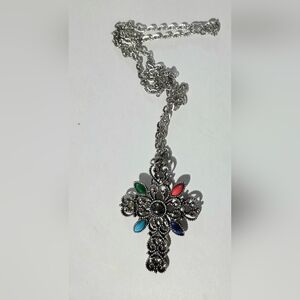 Silvertone Cross Pendant Necklace with Multicolor Accents AVON